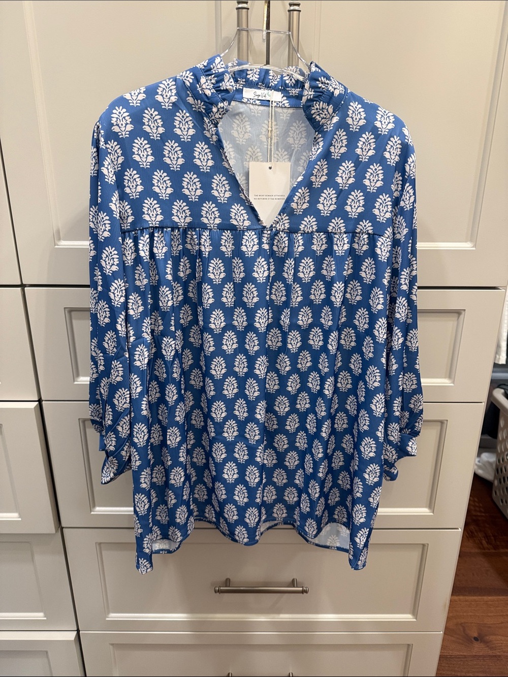 Blue Printed Split-Neck Tunic Top by Soft Surroundings